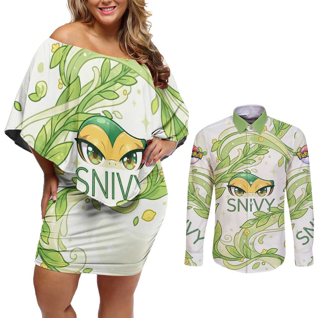 Snivy Couples Matching Off Shoulder Short Dress and Long Sleeve Button Shirt Elegant Botanical Art Nouveau Style