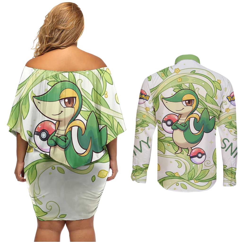 Snivy Couples Matching Off Shoulder Short Dress and Long Sleeve Button Shirt Elegant Botanical Art Nouveau Style