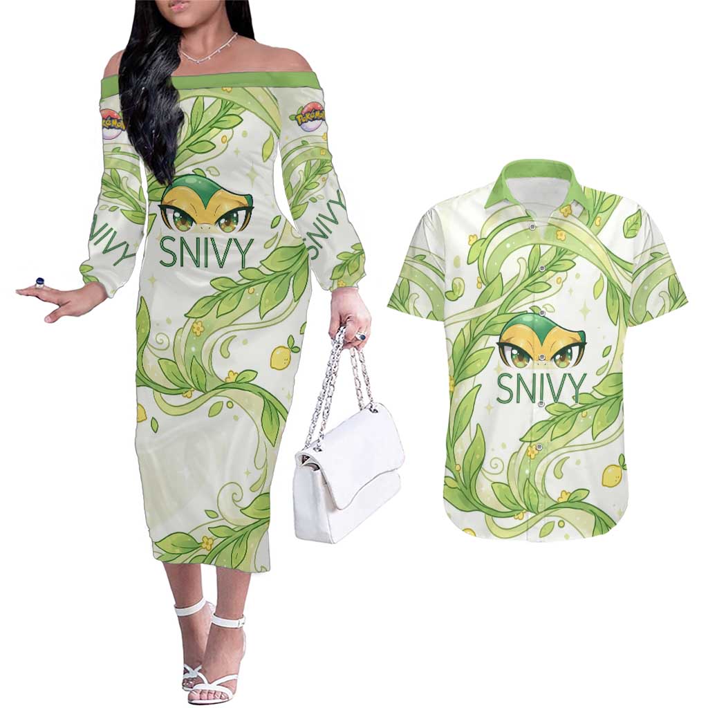 Snivy Couples Matching Off The Shoulder Long Sleeve Dress and Hawaiian Shirt Elegant Botanical Art Nouveau Style