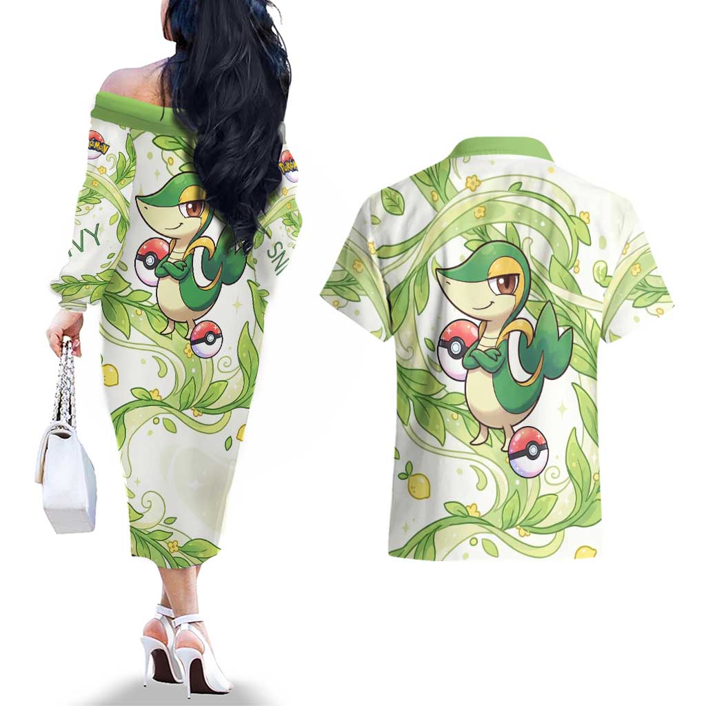 Snivy Couples Matching Off The Shoulder Long Sleeve Dress and Hawaiian Shirt Elegant Botanical Art Nouveau Style