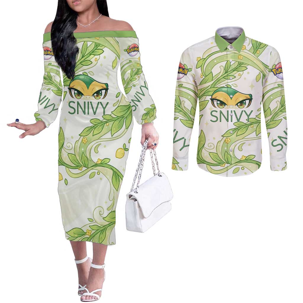 Snivy Couples Matching Off The Shoulder Long Sleeve Dress and Long Sleeve Button Shirt Elegant Botanical Art Nouveau Style