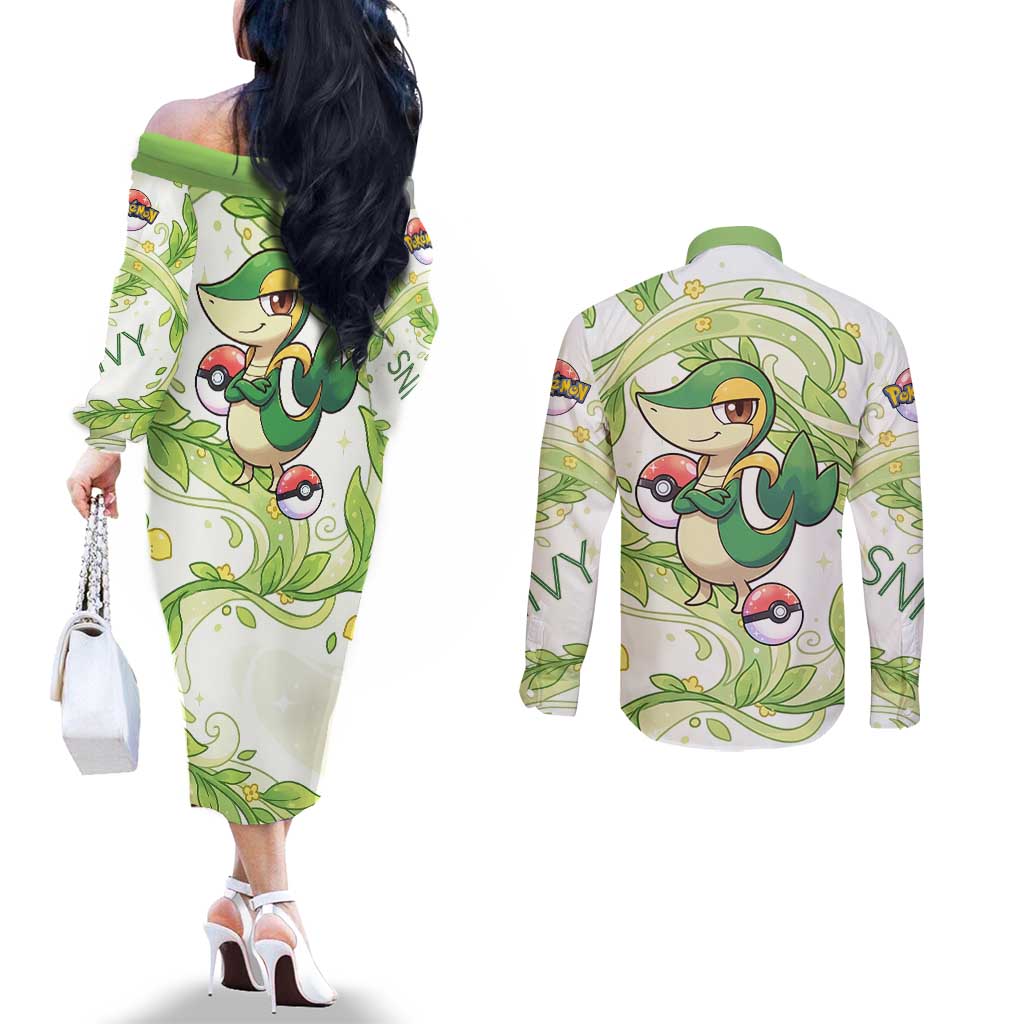 Snivy Couples Matching Off The Shoulder Long Sleeve Dress and Long Sleeve Button Shirt Elegant Botanical Art Nouveau Style