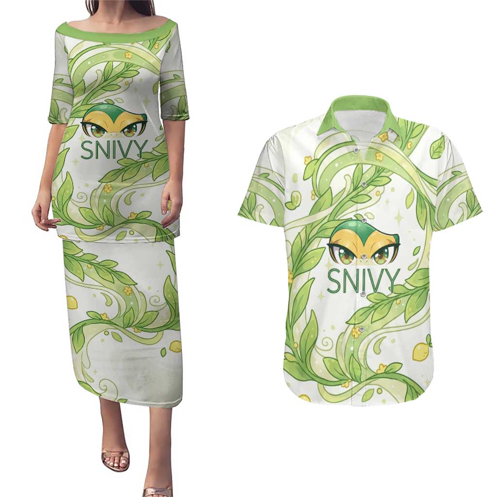 Snivy Couples Matching Puletasi and Hawaiian Shirt Elegant Botanical Art Nouveau Style