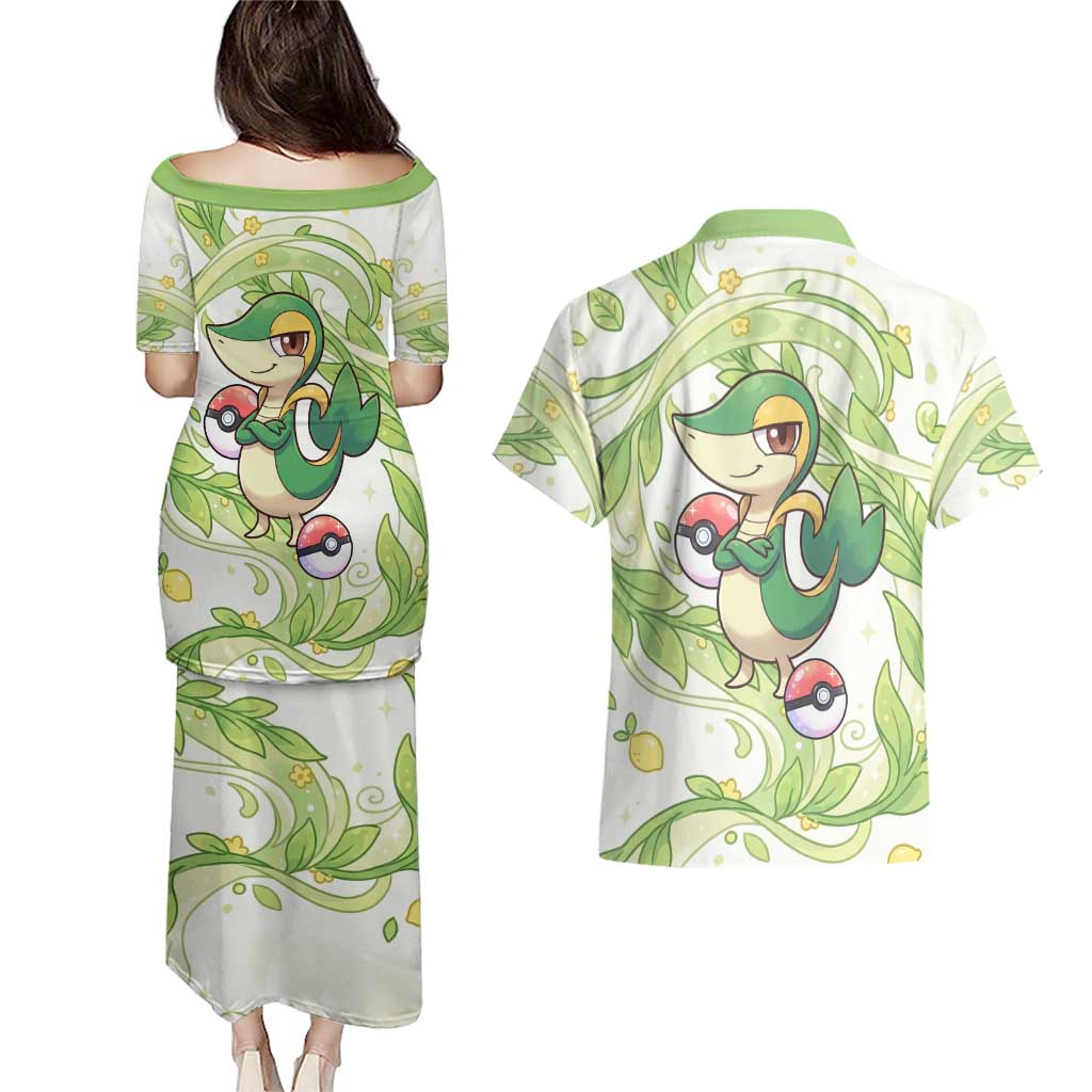 Snivy Couples Matching Puletasi and Hawaiian Shirt Elegant Botanical Art Nouveau Style