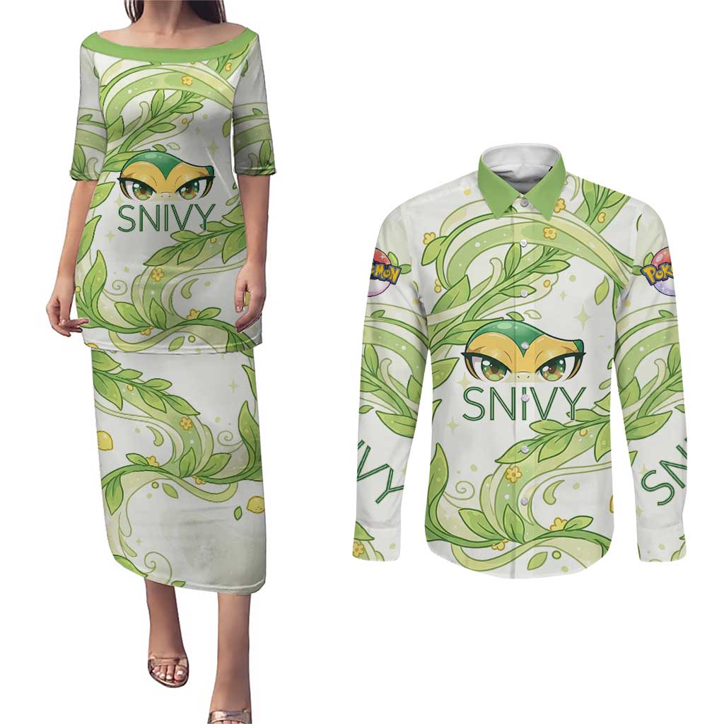 Snivy Couples Matching Puletasi and Long Sleeve Button Shirt Elegant Botanical Art Nouveau Style