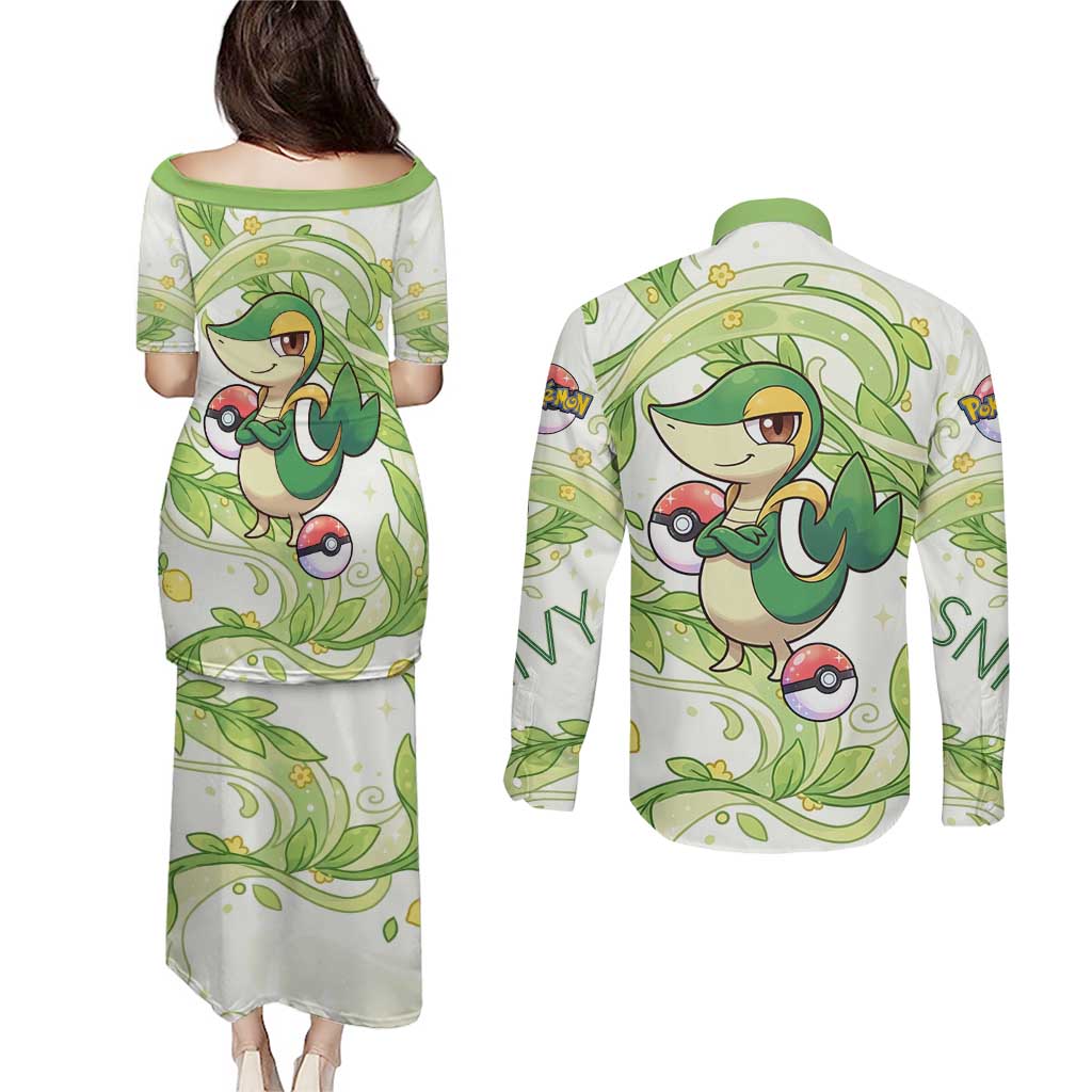 Snivy Couples Matching Puletasi and Long Sleeve Button Shirt Elegant Botanical Art Nouveau Style