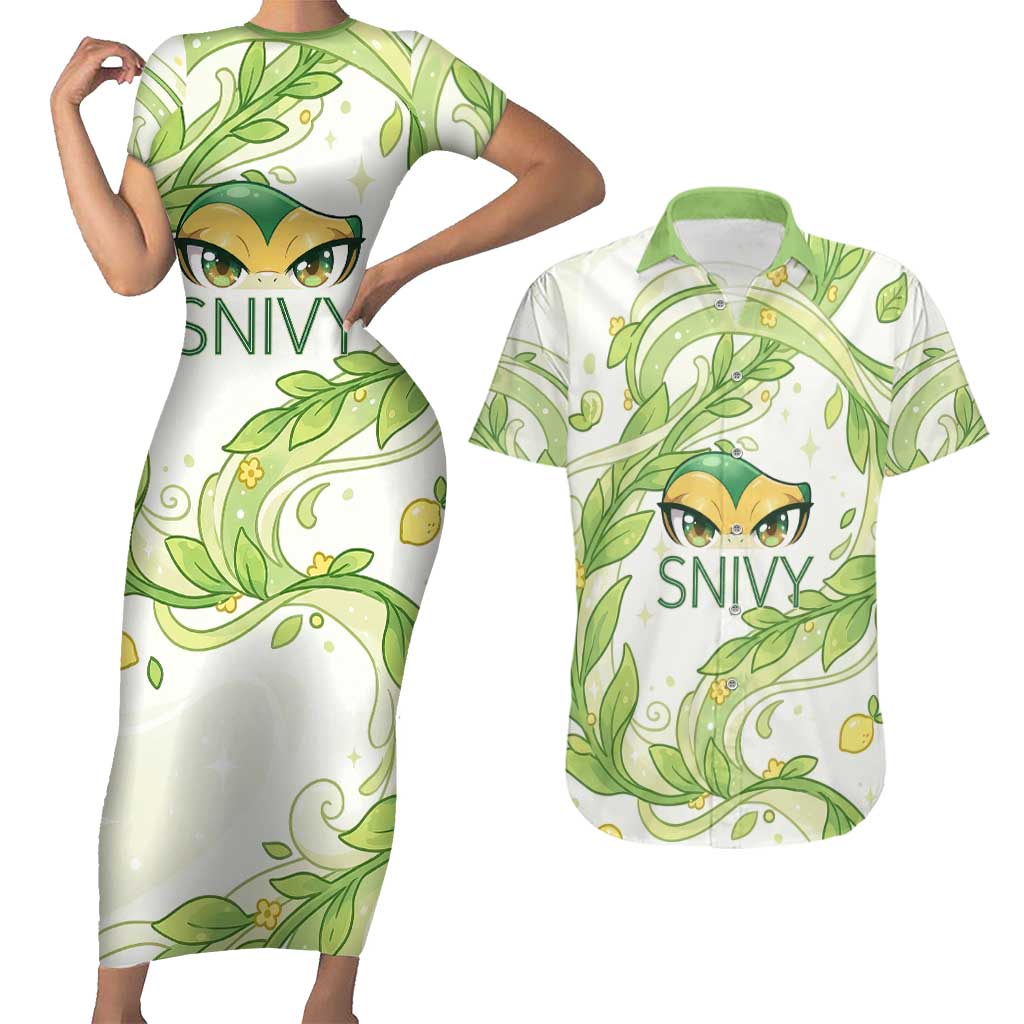 Snivy Couples Matching Short Sleeve Bodycon Dress and Hawaiian Shirt Elegant Botanical Art Nouveau Style