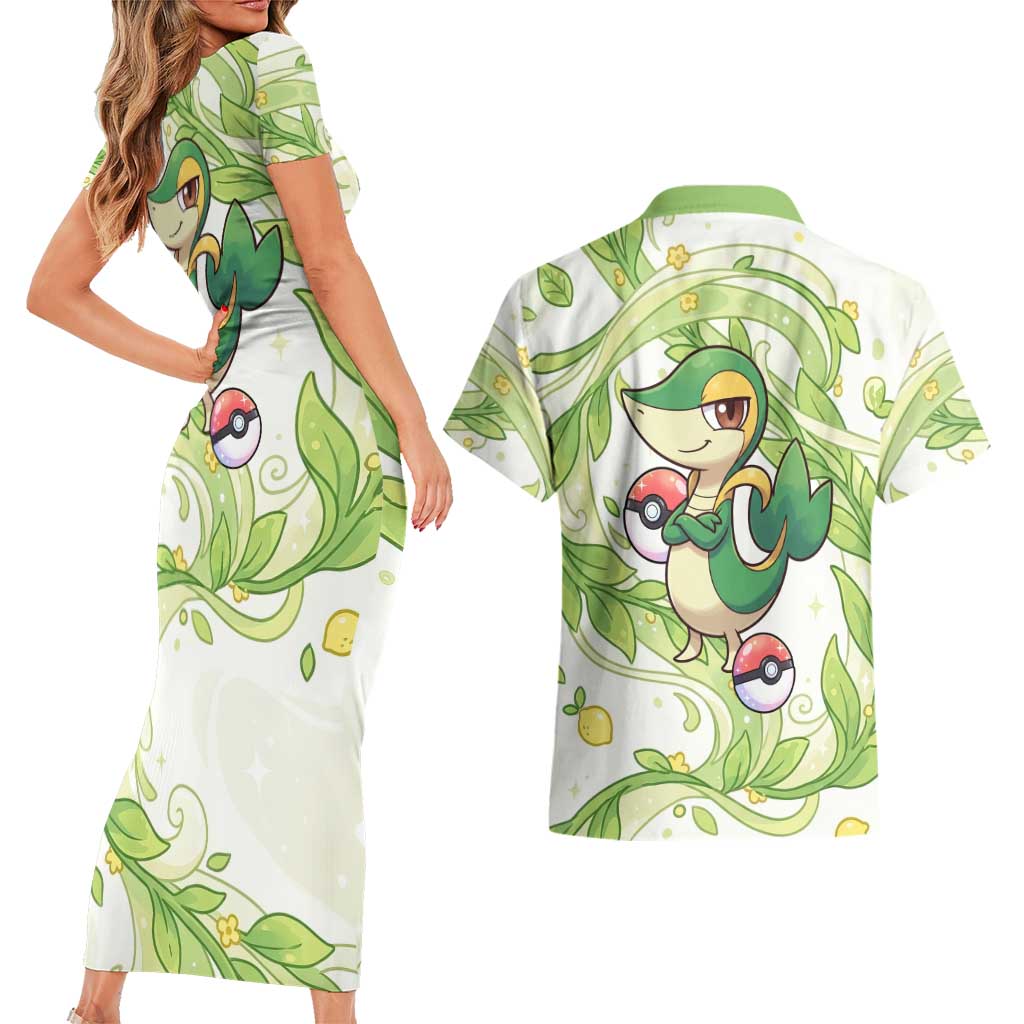 Snivy Couples Matching Short Sleeve Bodycon Dress and Hawaiian Shirt Elegant Botanical Art Nouveau Style