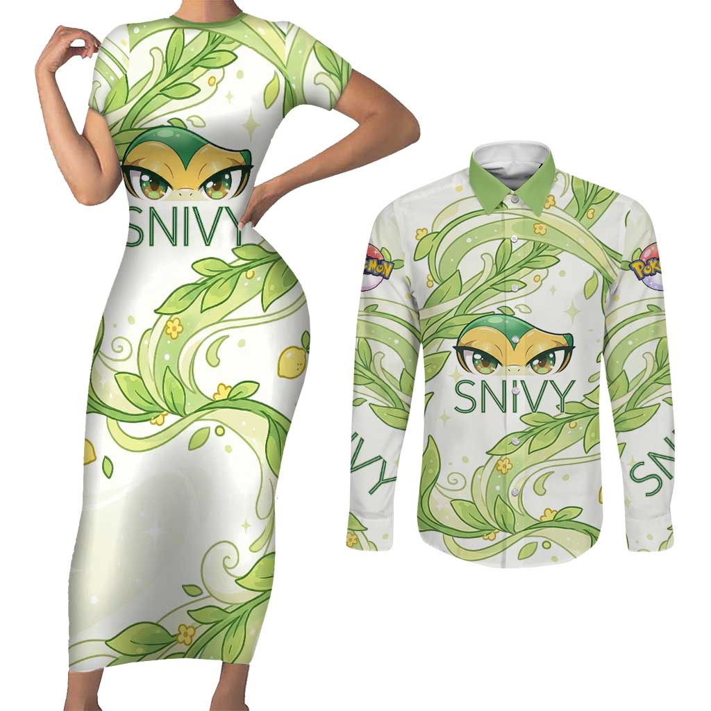 Snivy Couples Matching Short Sleeve Bodycon Dress and Long Sleeve Button Shirt Elegant Botanical Art Nouveau Style