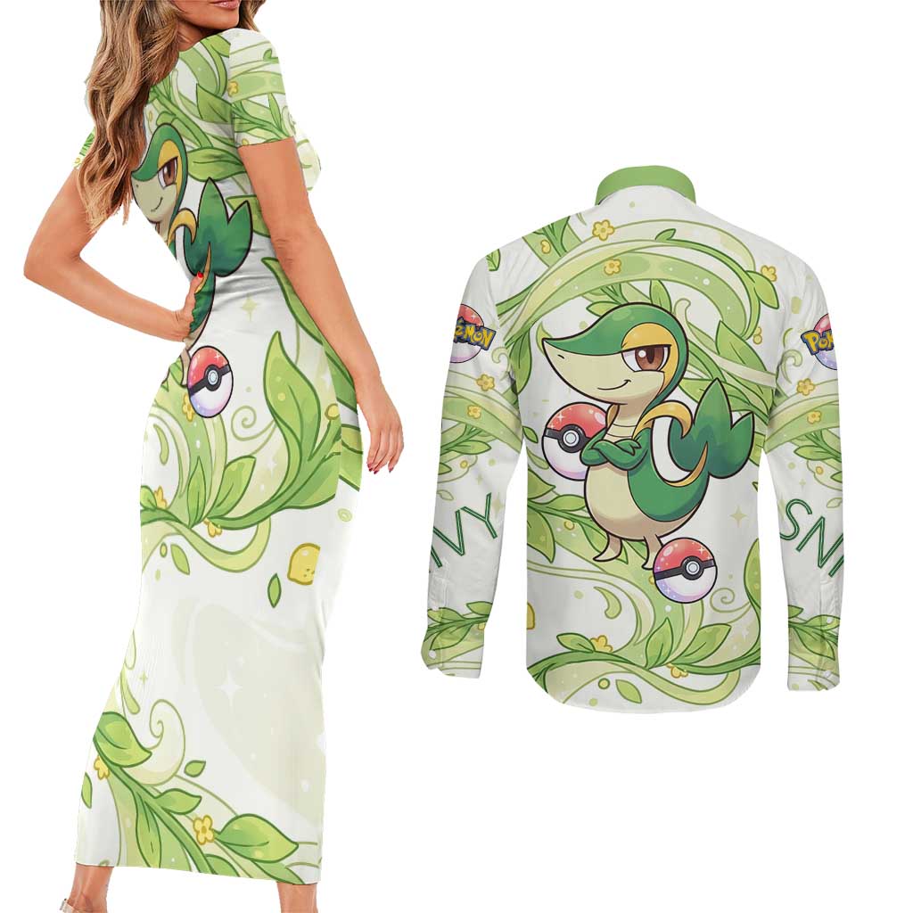 Snivy Couples Matching Short Sleeve Bodycon Dress and Long Sleeve Button Shirt Elegant Botanical Art Nouveau Style