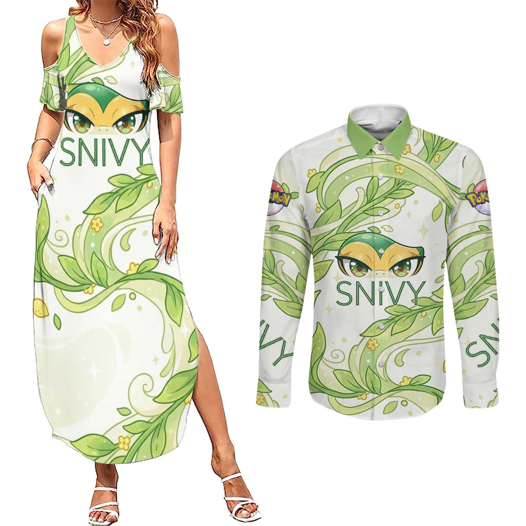 Snivy Couples Matching Summer Maxi Dress and Long Sleeve Button Shirt Elegant Botanical Art Nouveau Style