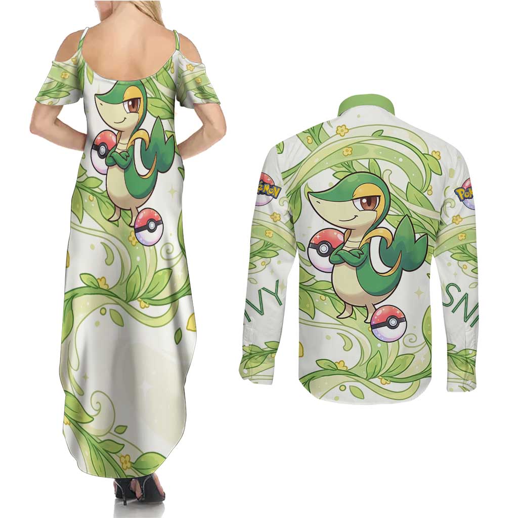 Snivy Couples Matching Summer Maxi Dress and Long Sleeve Button Shirt Elegant Botanical Art Nouveau Style