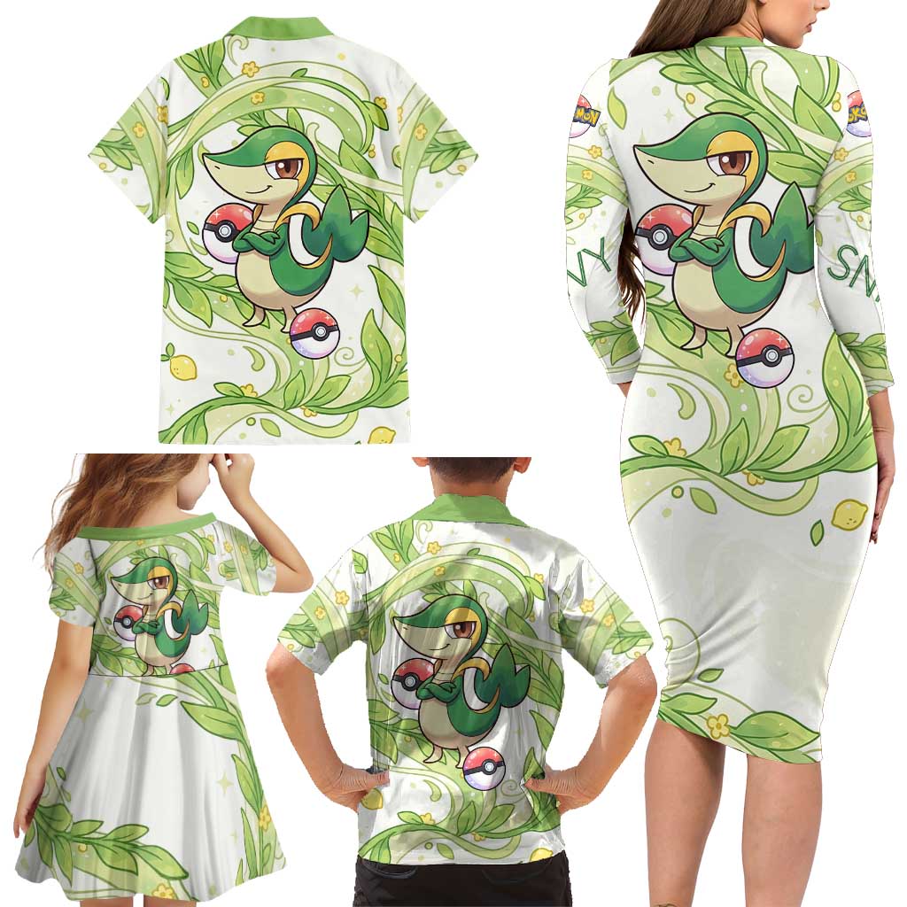 Snivy Family Matching Long Sleeve Bodycon Dress and Hawaiian Shirt Elegant Botanical Art Nouveau Style