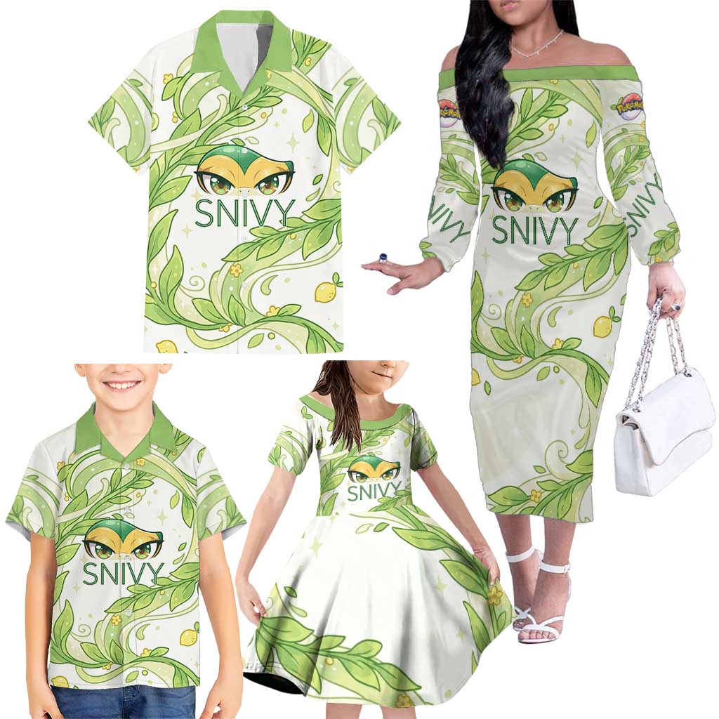 Snivy Family Matching Off The Shoulder Long Sleeve Dress and Hawaiian Shirt Elegant Botanical Art Nouveau Style