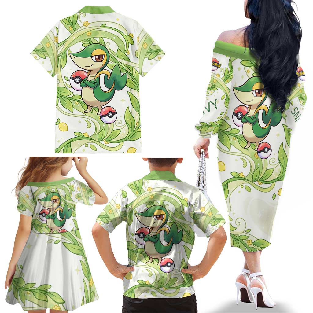 Snivy Family Matching Off The Shoulder Long Sleeve Dress and Hawaiian Shirt Elegant Botanical Art Nouveau Style