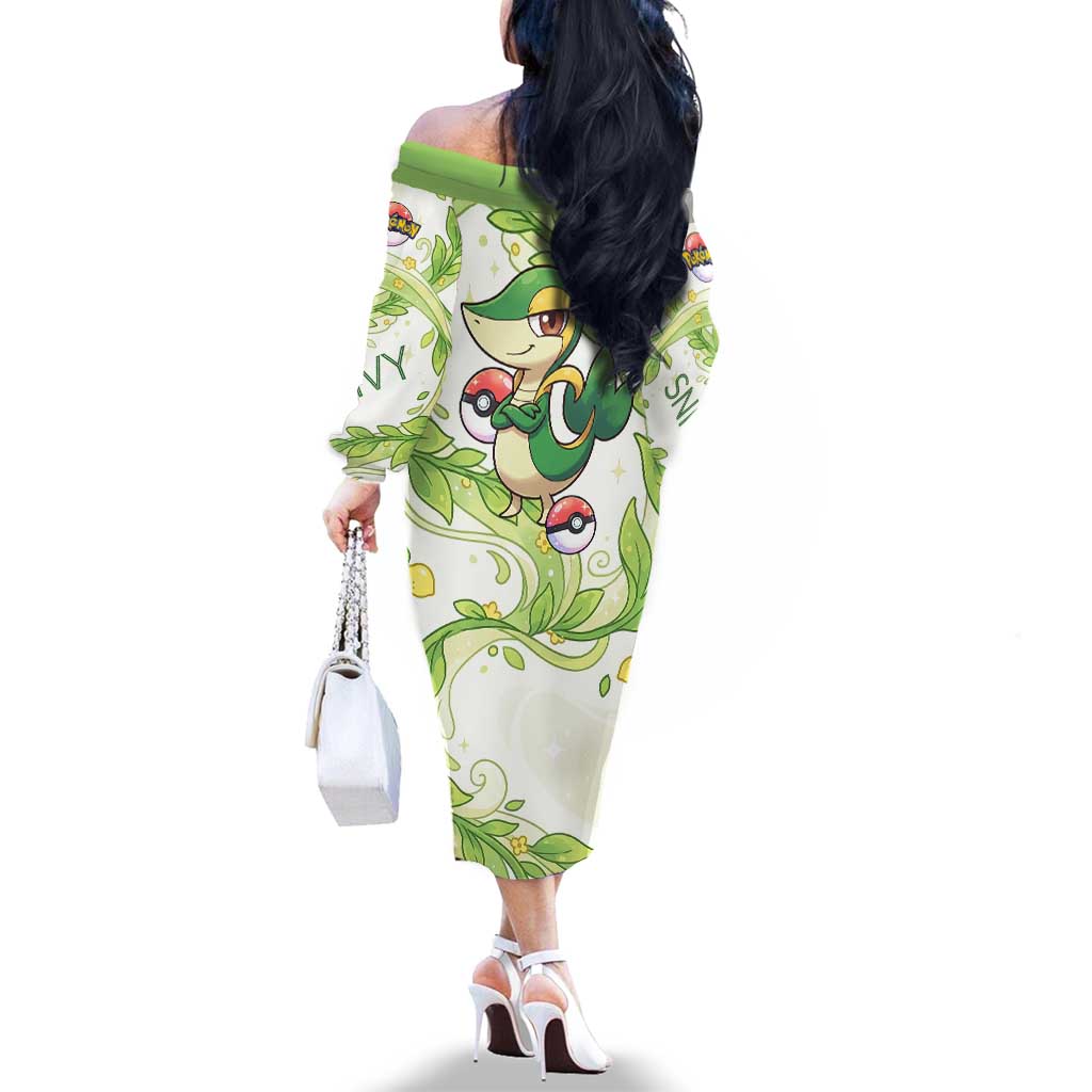 Snivy Family Matching Off The Shoulder Long Sleeve Dress and Hawaiian Shirt Elegant Botanical Art Nouveau Style