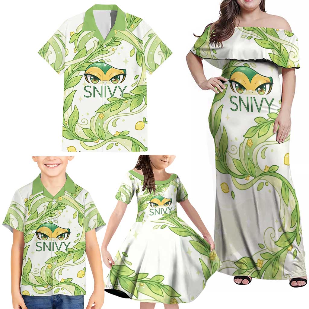 Snivy Family Matching Off Shoulder Maxi Dress and Hawaiian Shirt Elegant Botanical Art Nouveau Style