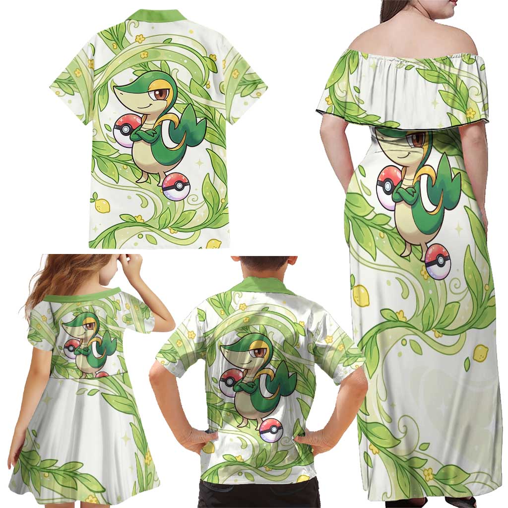 Snivy Family Matching Off Shoulder Maxi Dress and Hawaiian Shirt Elegant Botanical Art Nouveau Style