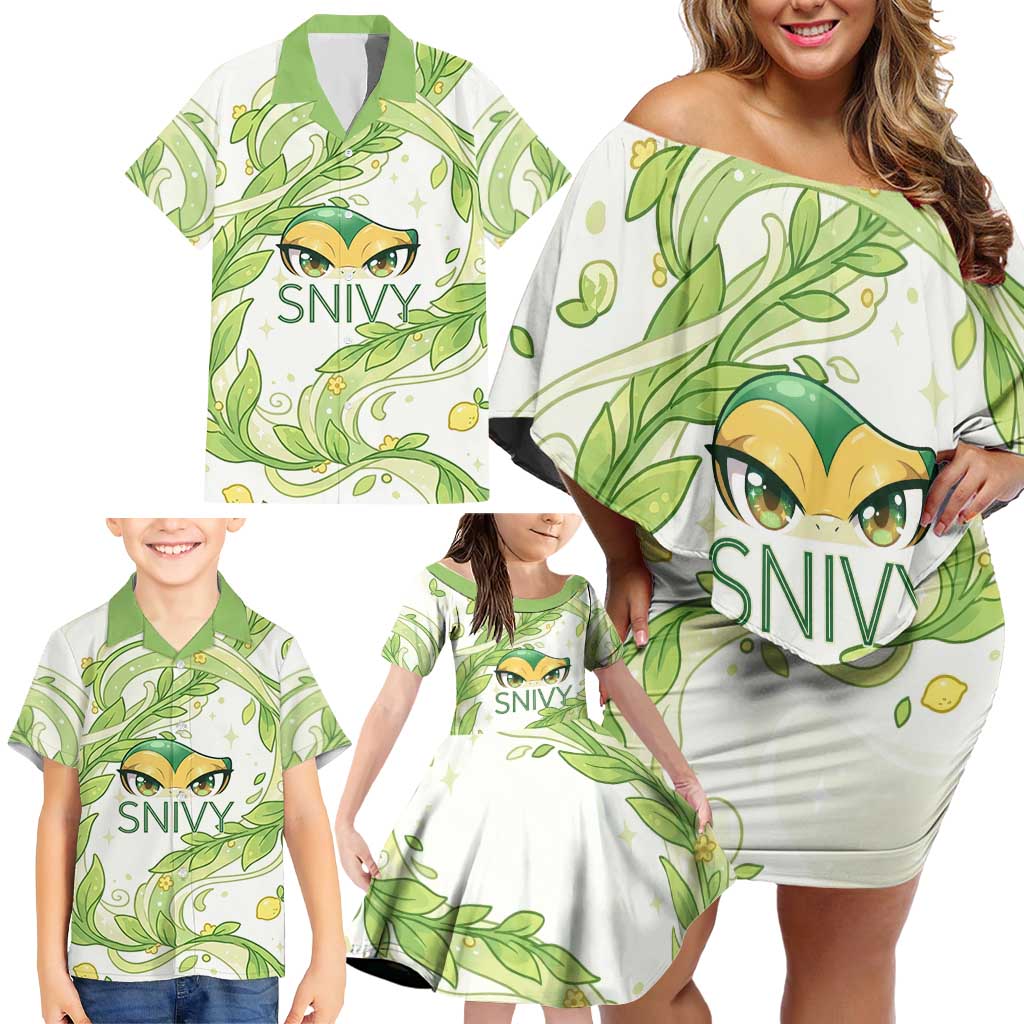 Snivy Family Matching Off Shoulder Short Dress and Hawaiian Shirt Elegant Botanical Art Nouveau Style