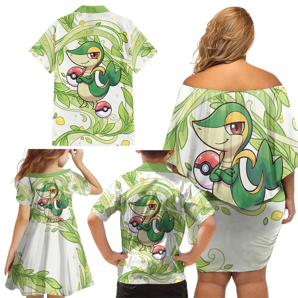 Snivy Family Matching Off Shoulder Short Dress and Hawaiian Shirt Elegant Botanical Art Nouveau Style