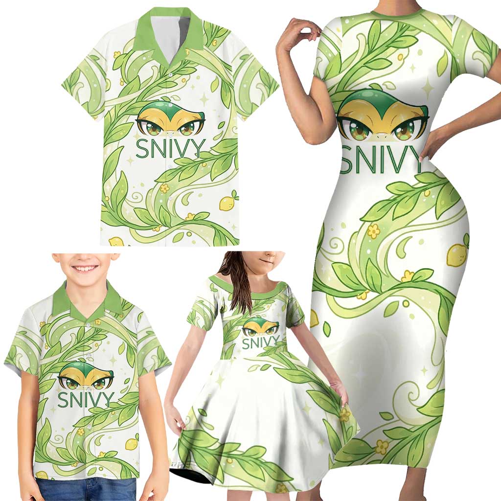 Snivy Family Matching Short Sleeve Bodycon Dress and Hawaiian Shirt Elegant Botanical Art Nouveau Style