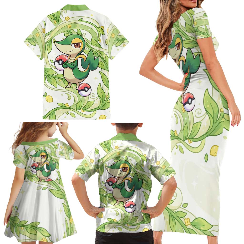 Snivy Family Matching Short Sleeve Bodycon Dress and Hawaiian Shirt Elegant Botanical Art Nouveau Style