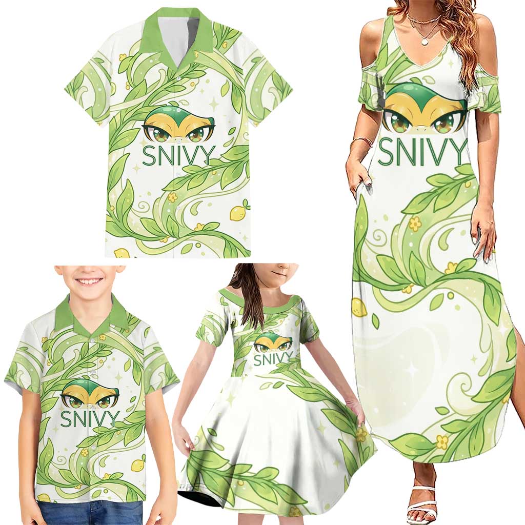 Snivy Family Matching Summer Maxi Dress and Hawaiian Shirt Elegant Botanical Art Nouveau Style