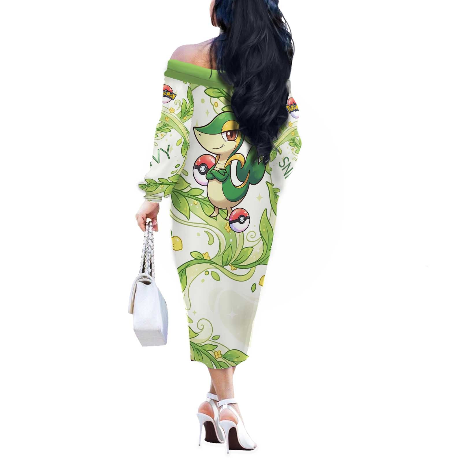Snivy Off The Shoulder Long Sleeve Dress Elegant Botanical Art Nouveau Style