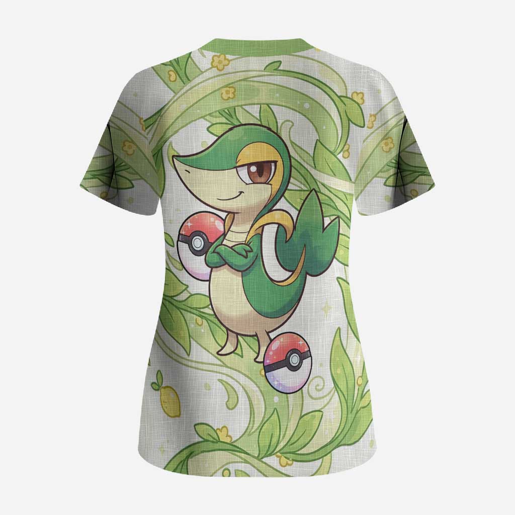 Snivy Scrub Top Elegant Botanical Art Nouveau Style