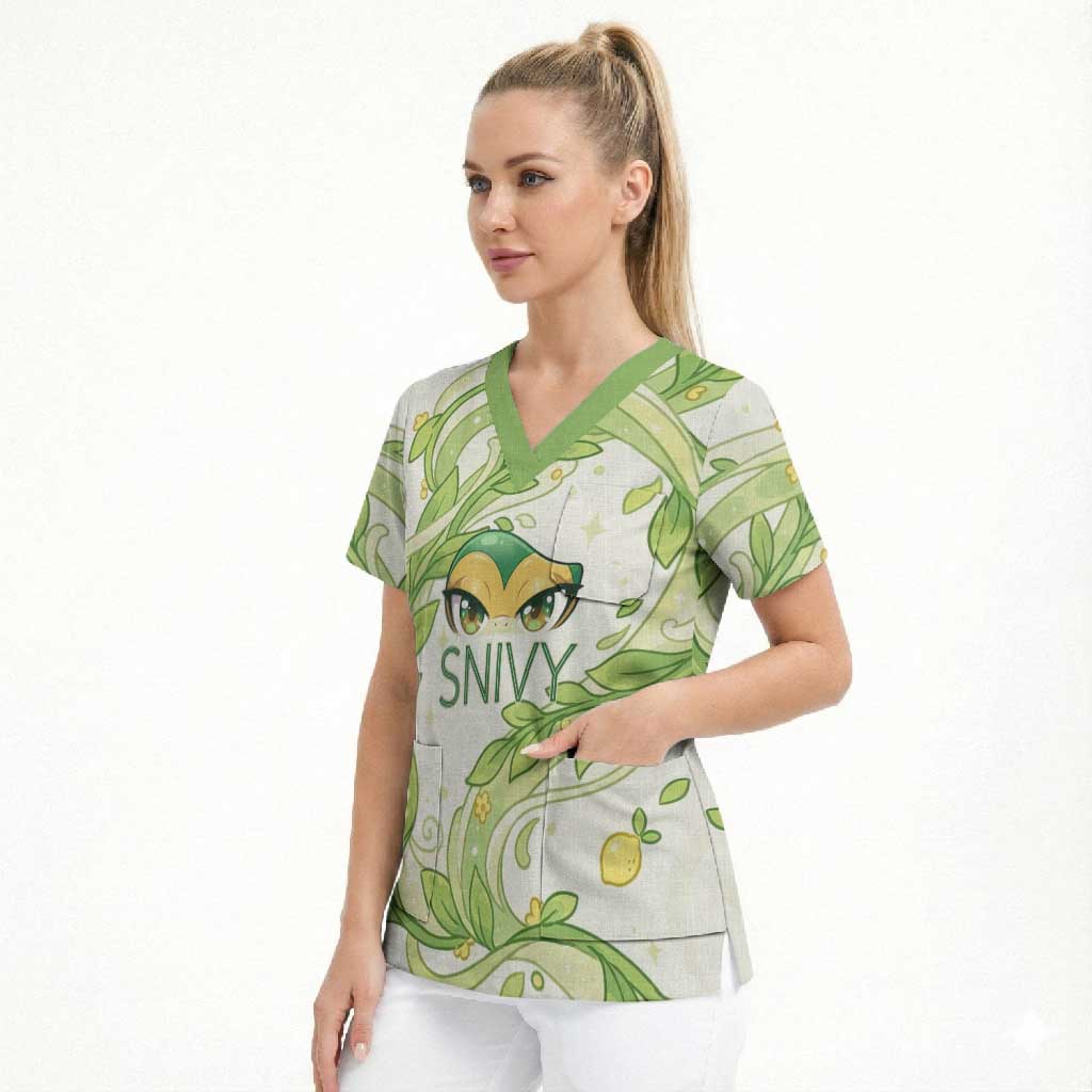 Snivy Scrub Top Elegant Botanical Art Nouveau Style