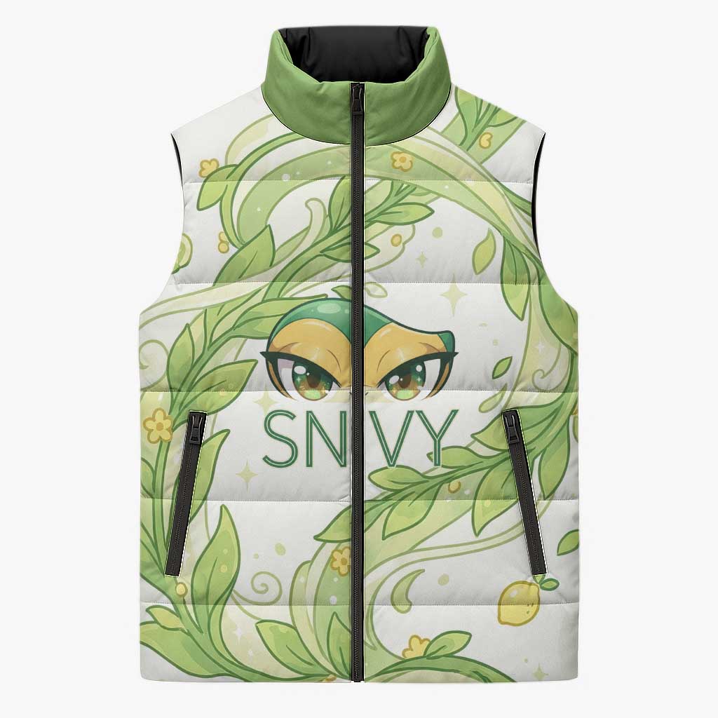 Snivy Sleeveless Puffer Jacket Elegant Botanical Art Nouveau Style