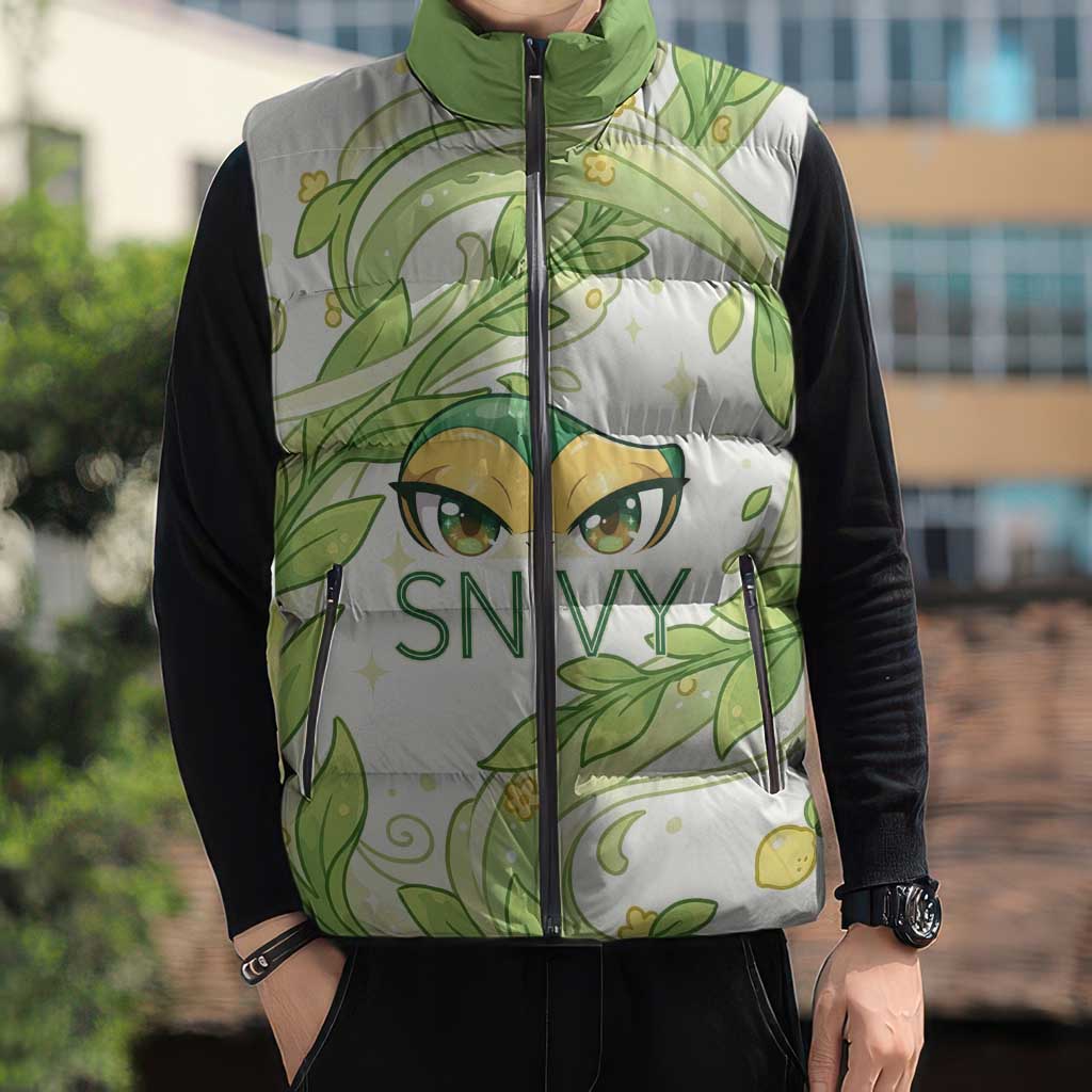 Snivy Sleeveless Puffer Jacket Elegant Botanical Art Nouveau Style