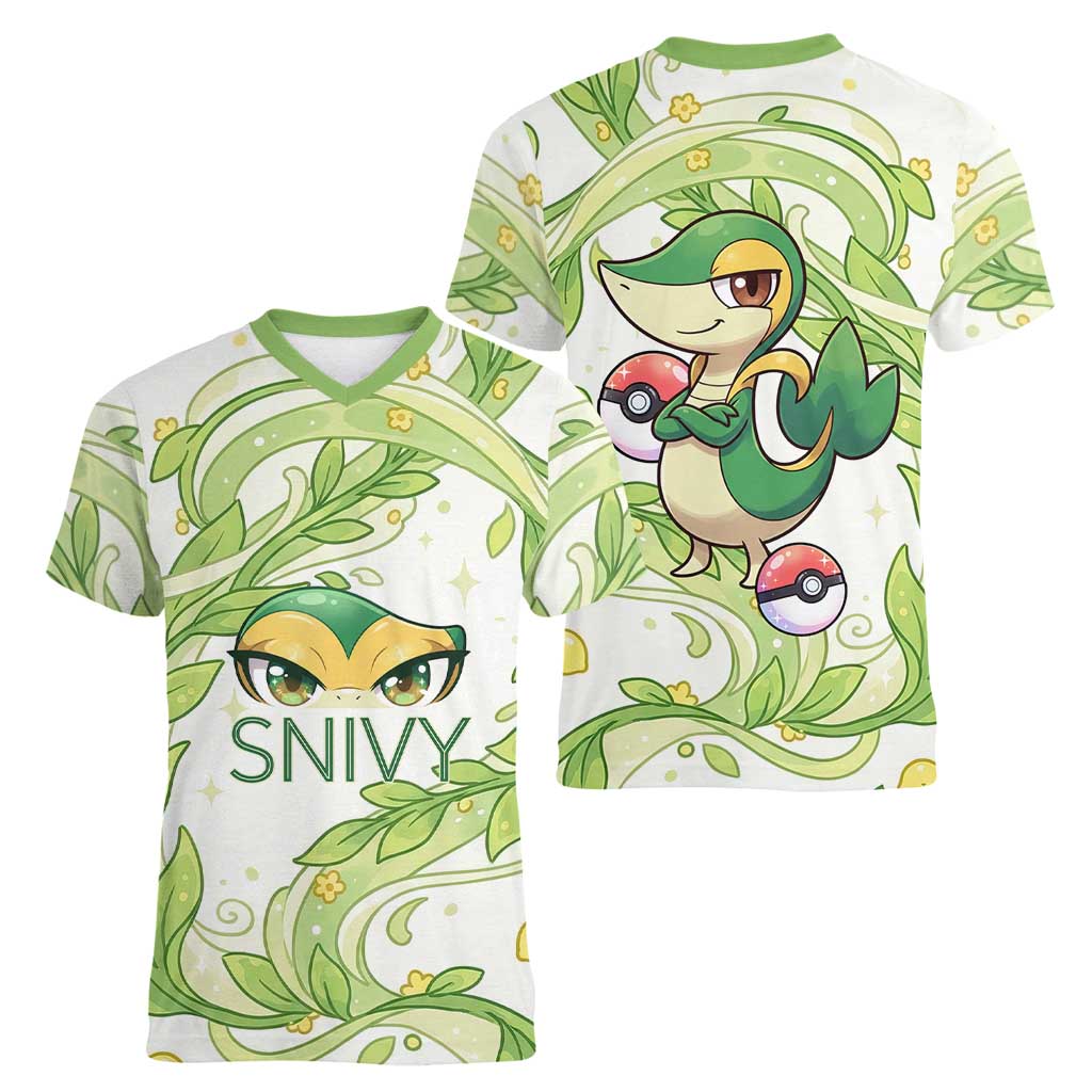 Snivy Women V-Neck T-Shirt Elegant Botanical Art Nouveau Style