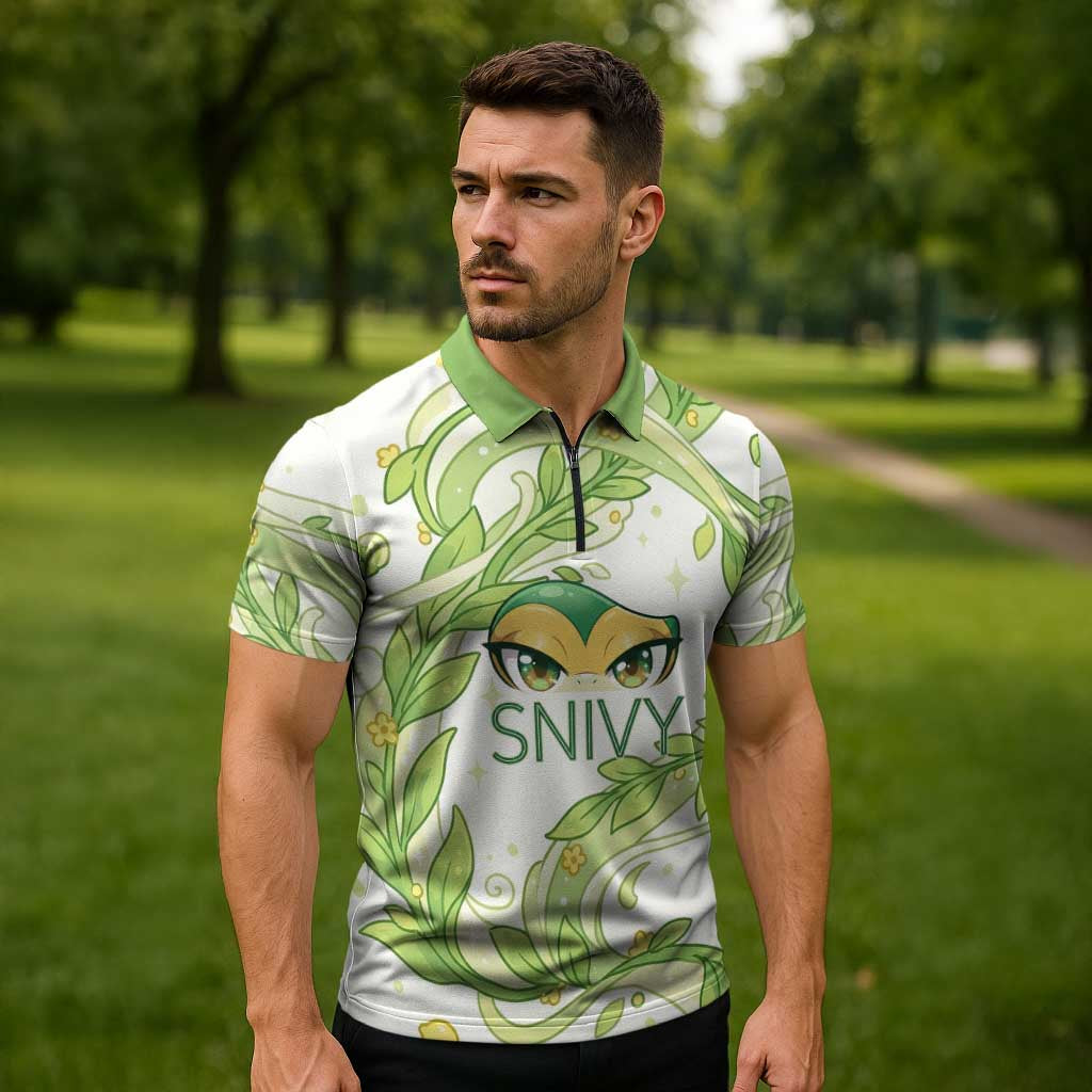 Snivy Zipper Polo Shirt Elegant Botanical Art Nouveau Style