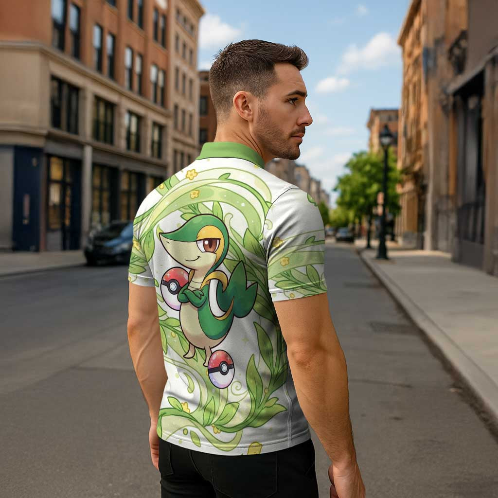 Snivy Zipper Polo Shirt Elegant Botanical Art Nouveau Style