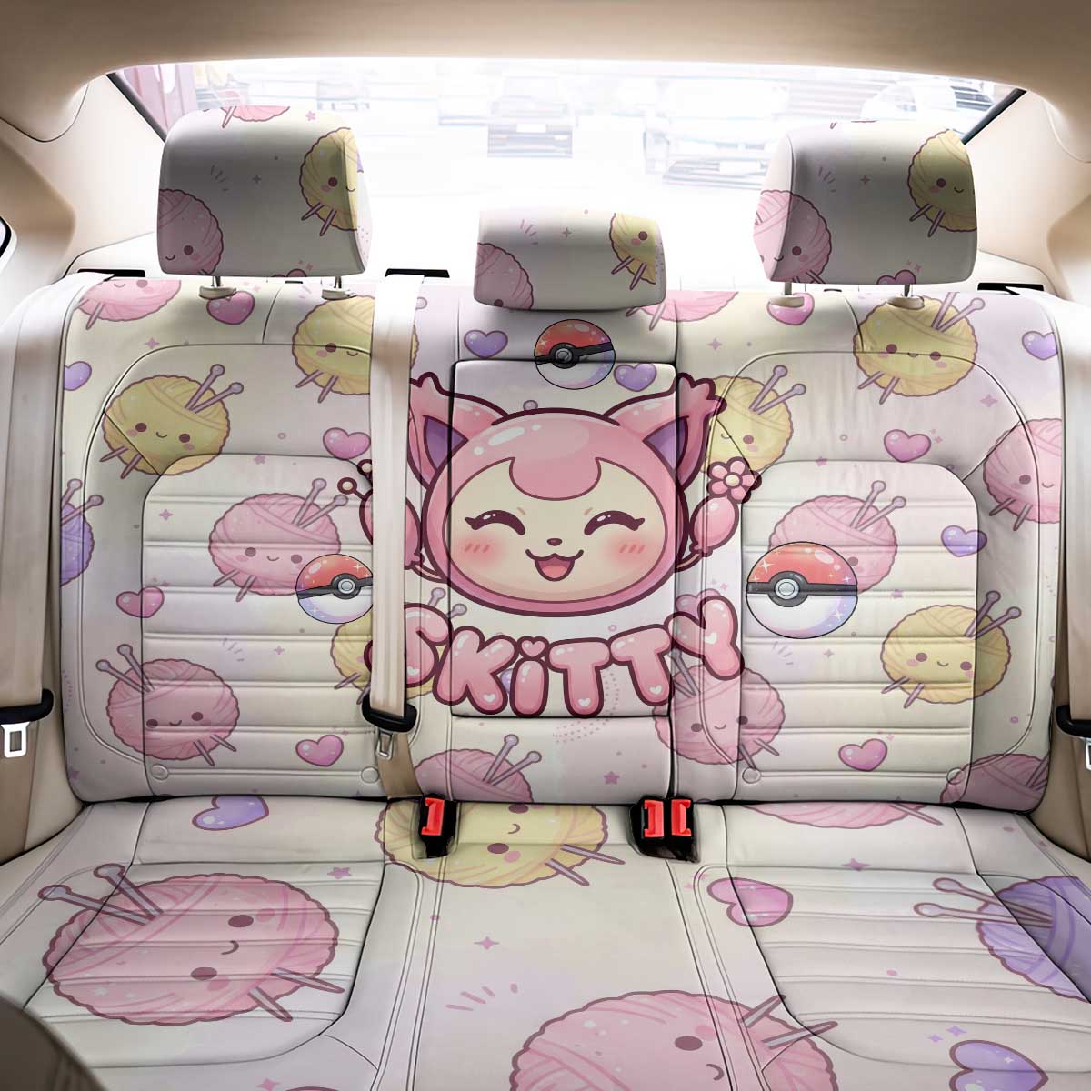 Skitty Pokémon Back Car Seat Cover Pastel Kawaii Yarn Art Style