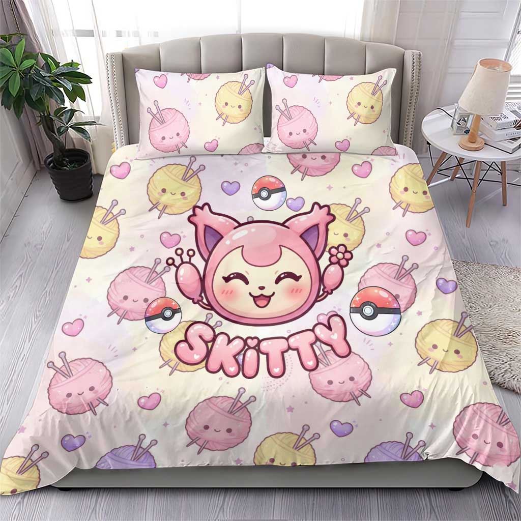Skitty Pokémon Bedding Set Pastel Kawaii Yarn Art Style