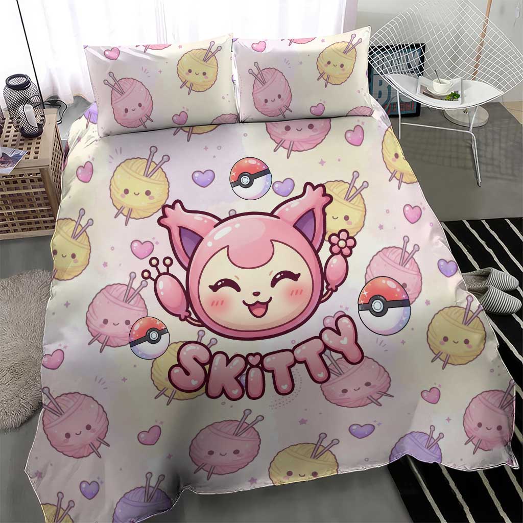 Skitty Pokémon Bedding Set Pastel Kawaii Yarn Art Style