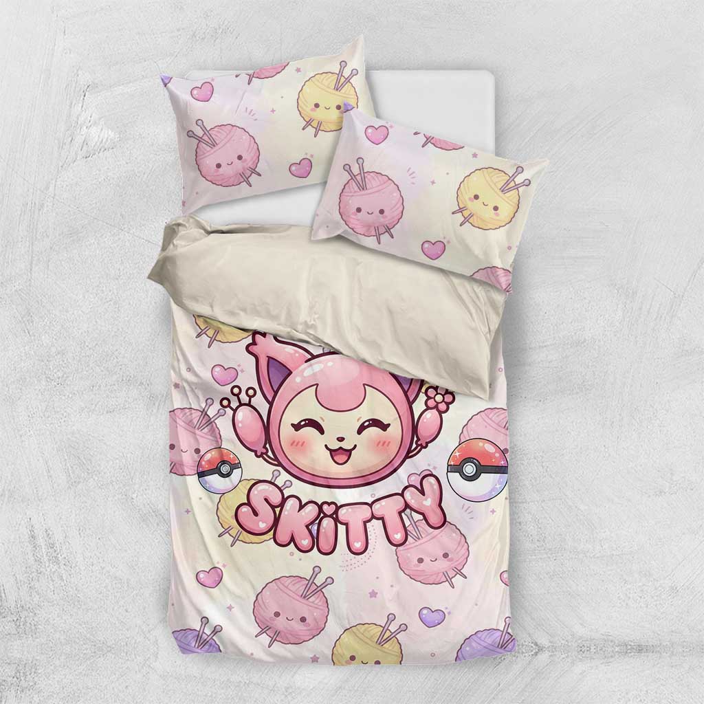 Skitty Pokémon Bedding Set Pastel Kawaii Yarn Art Style