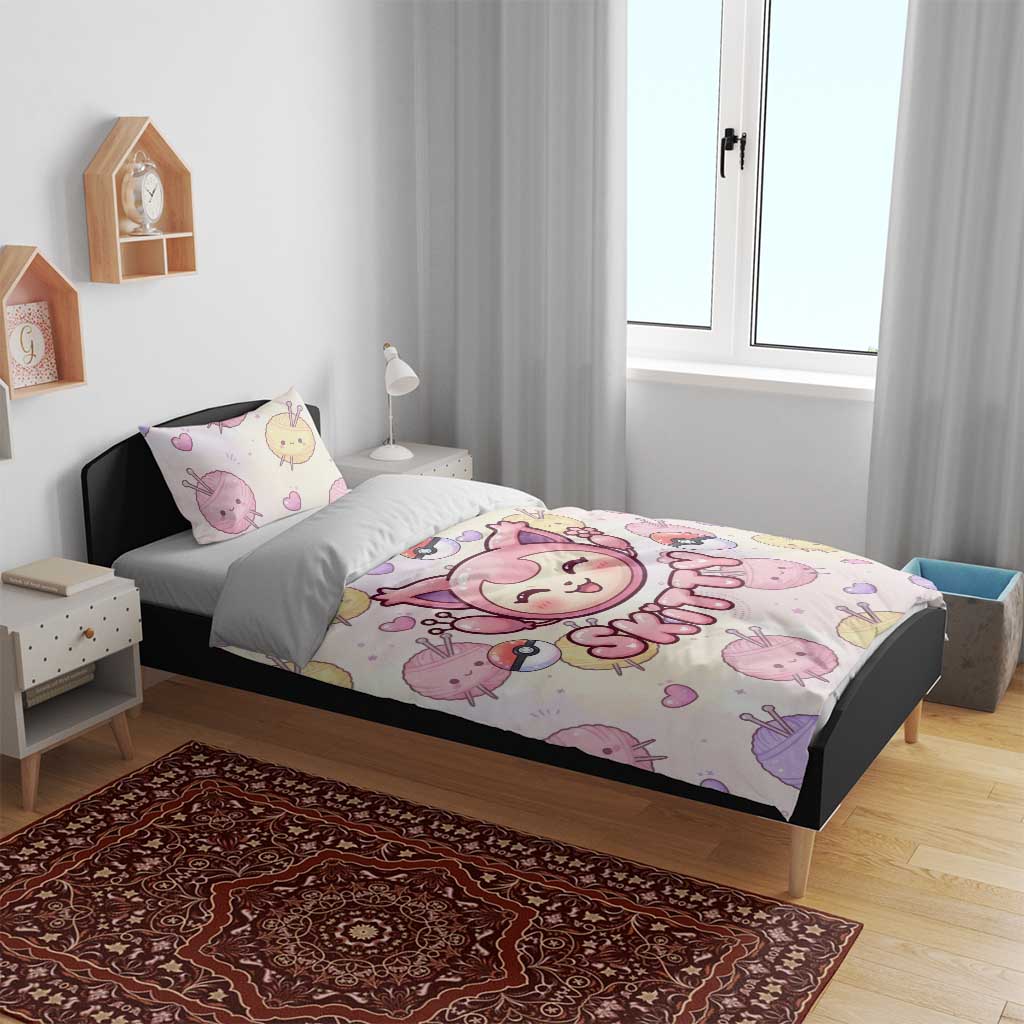 Skitty Pokémon Bedding Set Pastel Kawaii Yarn Art Style