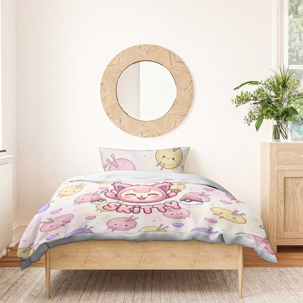 Skitty Pokémon Bedding Set Pastel Kawaii Yarn Art Style