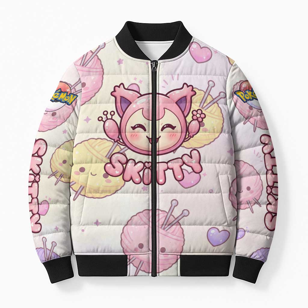 Skitty Pokémon Bomber Puffer Jacket Pastel Kawaii Yarn Art Style