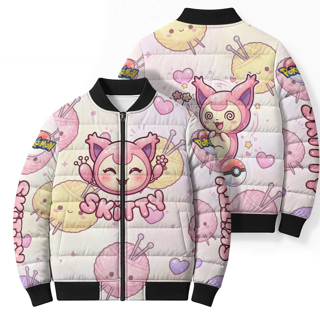 Skitty Pokémon Bomber Puffer Jacket Pastel Kawaii Yarn Art Style