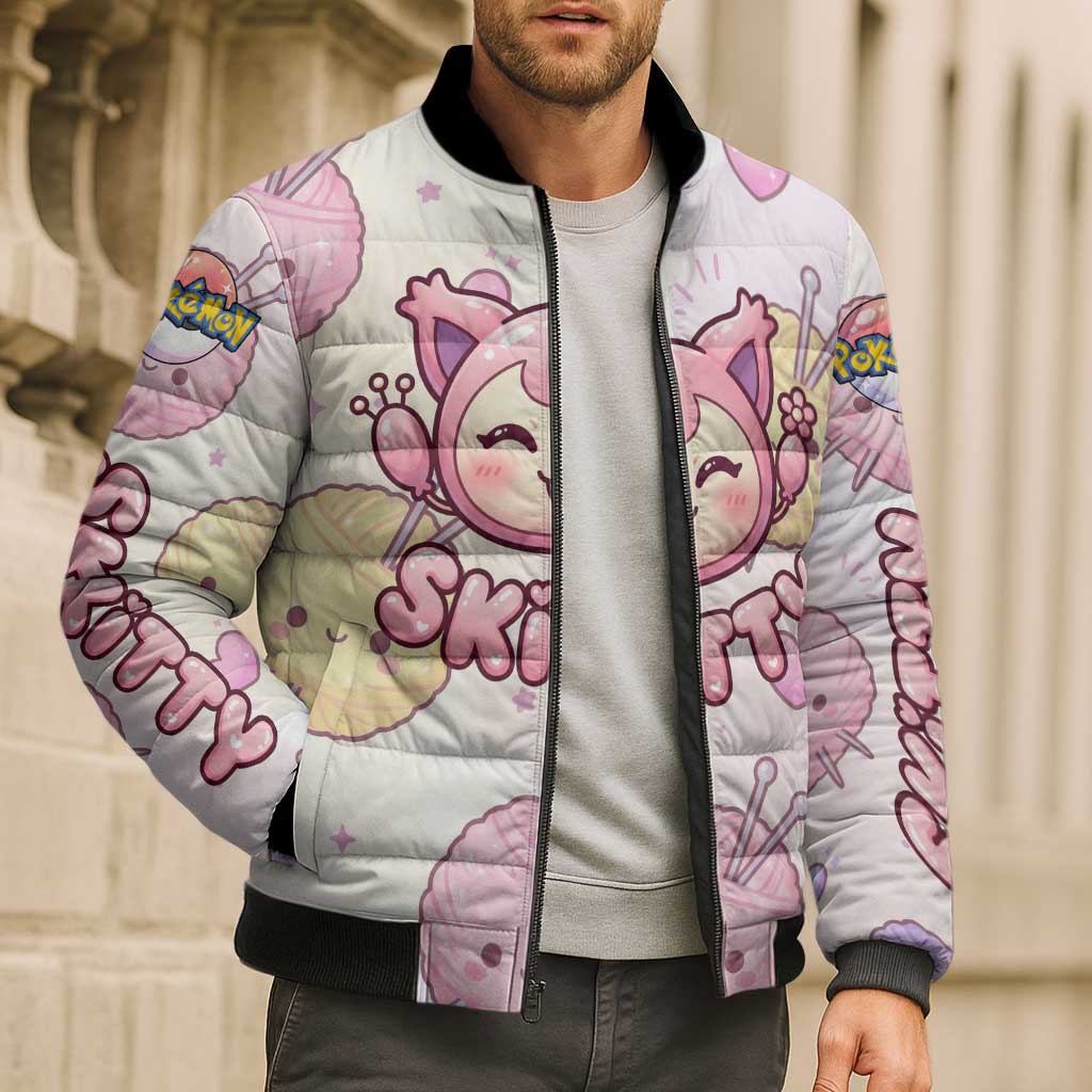 Skitty Pokémon Bomber Puffer Jacket Pastel Kawaii Yarn Art Style