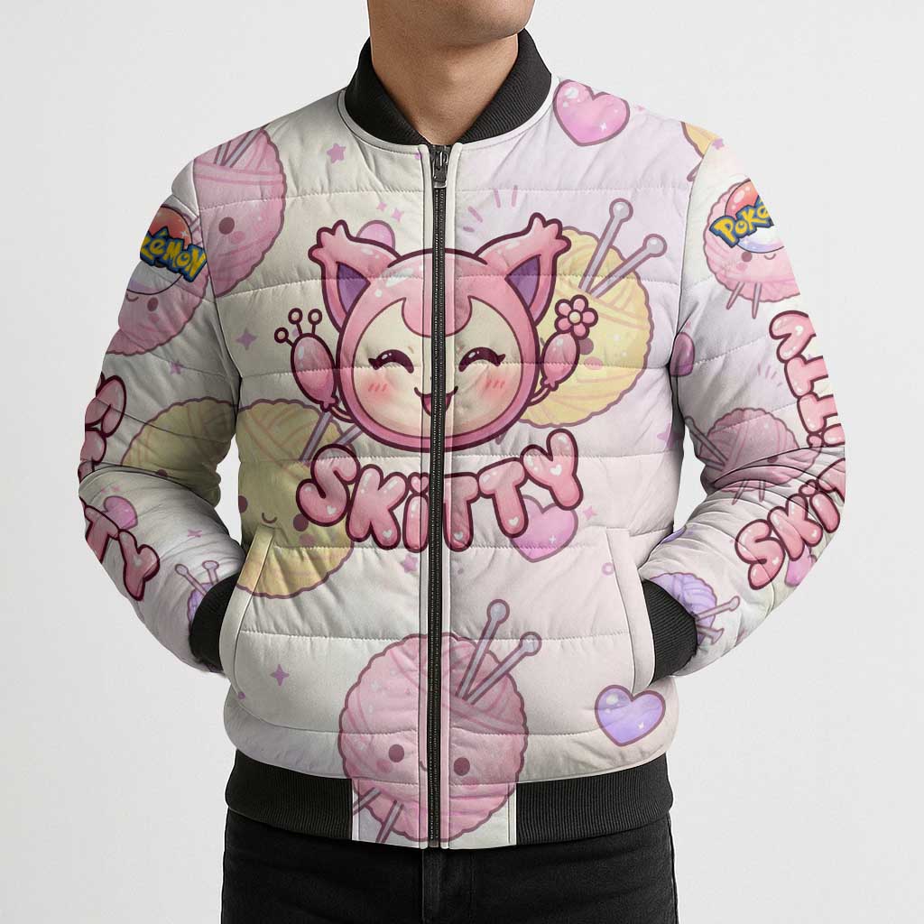 Skitty Pokémon Bomber Puffer Jacket Pastel Kawaii Yarn Art Style