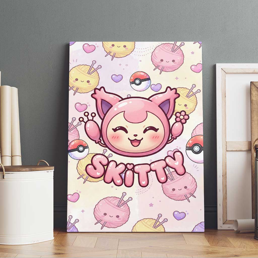 Skitty Pokémon Canvas Wall Art Pastel Kawaii Yarn Art Style