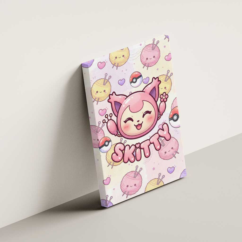 Skitty Pokémon Canvas Wall Art Pastel Kawaii Yarn Art Style