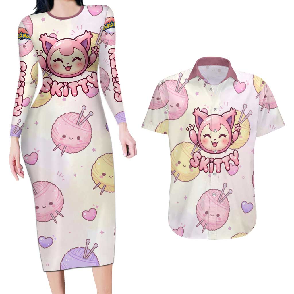 Skitty Pokémon Couples Matching Long Sleeve Bodycon Dress and Hawaiian Shirt Pastel Kawaii Yarn Art Style
