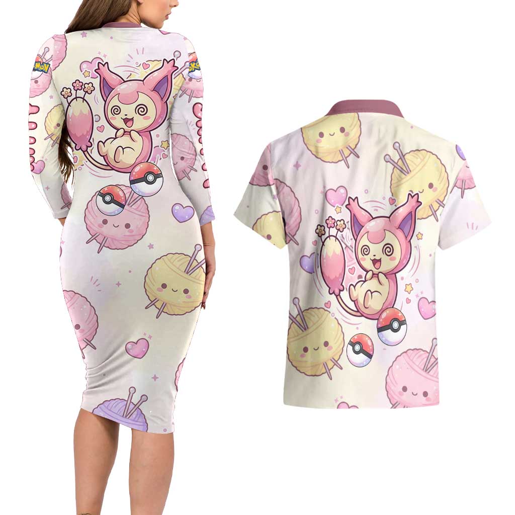 Skitty Pokémon Couples Matching Long Sleeve Bodycon Dress and Hawaiian Shirt Pastel Kawaii Yarn Art Style
