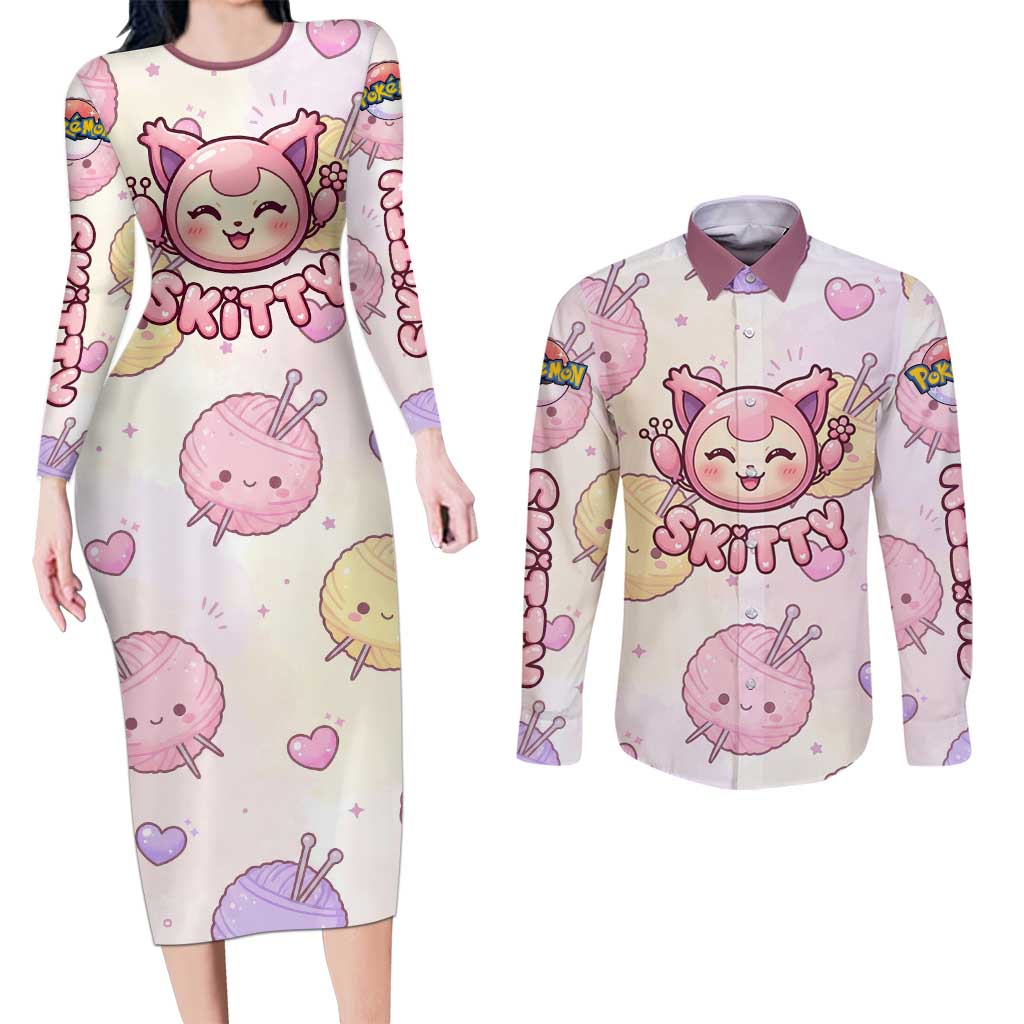 Skitty Pokémon Couples Matching Long Sleeve Bodycon Dress and Long Sleeve Button Shirt Pastel Kawaii Yarn Art Style